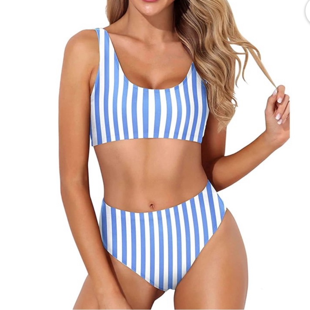 TEMPT ME Women’s Blue & White Stripe Bikini High Waist Swimsuit NWT Size XL